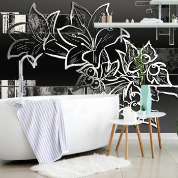 Tapeta czarno-biała ilustracja kwiatowa - 450x300