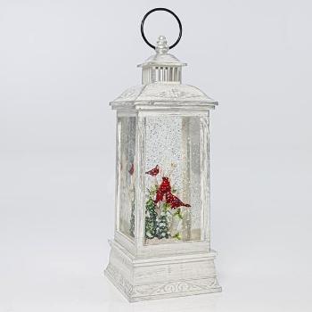 Eurolamp Dekoracja świąteczna biały plastikowy lampion z czerwonym ptaszkiem w środku, 10,4 x 10,4 x 27,5 cm