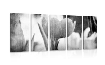 5-częściowy obraz łąka tulipanów w stylu retro w czarnobiałym kolorze - 200x100