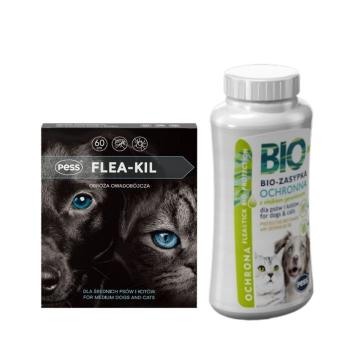 PESS Flea-Kil Obroża owadobójcza dla średnich psów i kotów 60 cm + Bio Zasypka ochronna z olejkiem geraniowym 100 g
