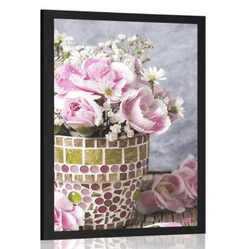 Plakat kwiaty goździków w doniczce mozaikowej