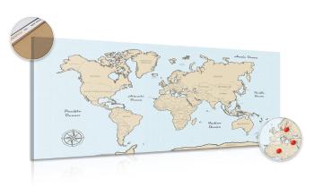 Obraz na korku beżowa mapa świata na niebieskim tle - 100x50  peg