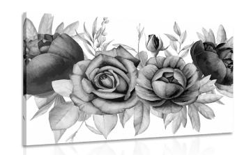 Obraz urocze połączenie kwiatów i liści w wersji czarno-białej - 120x80
