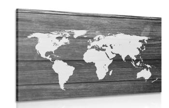 Obraz czarno-biała mapa świata z drewnianym tłem - 60x40