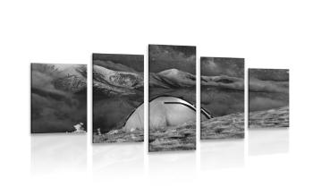 5-częściowy obraz namiot pod nocnym niebem w wersji czarno-białej - 100x50