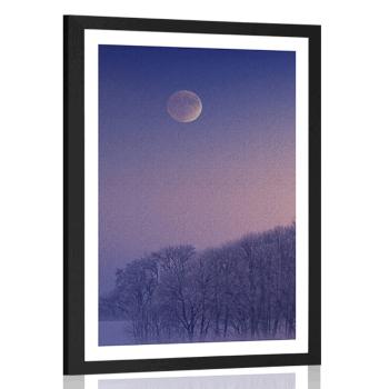 Plakat z passe-partout pełnia księżyca nad wioską
