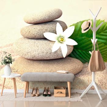 Samoprzylepna fototapeta biały kwiat i kamienie na piasku - 375x250