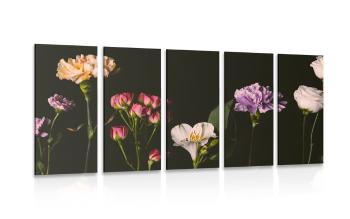 5-częściowy obraz eleganckie kwiaty na ciemnym tle - 100x50