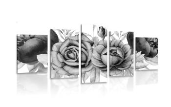 5-częściowy obraz urocze połączenie kwiatów i liści w czarnobiałym kolorze - 100x50