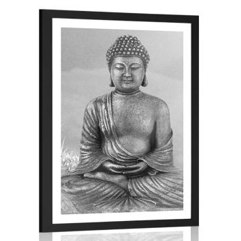 Plakat z passe-partout posąg Buddy w pozycji medytacyjnej w czerni i bieli - 60x90 silver