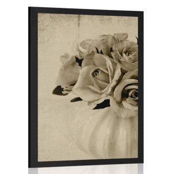 Plakat róże w wazonie w sepiowym kolorze - 30x45 black