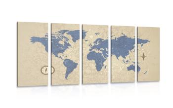 5-częściowy obraz mapa świata z kompasem w stylu retro - 200x100