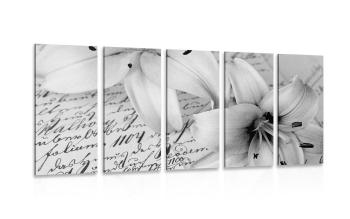 5-częściowy obraz lilia na starym dokumencie w wersji czarno-białej - 100x50