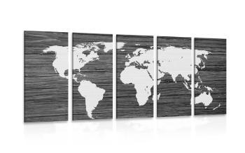5-częściowy obraz mapa świata na drewnie w wersji czarno-białej - 200x100