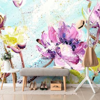 Samoprzylepna tapeta malowane fioletowe i żółte kwiaty - 150x100