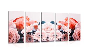 5-częściowy obraz romantyczna kompozycja kwiatowa - 100x50