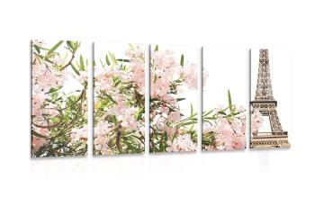5-częściowy obraz Wieża Eiffla i różowe kwiaty - 100x50