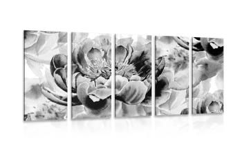5-częściowy obraz piwonie w wersji czarno-białej - 100x50