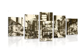 5-częściowy obraz abstrakcyjny pejzaż miejski w  kolorze sepii - 200x100