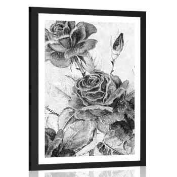 Plakat z passe-partout vintage bukiet róż w czerni i bieli - 40x60 black