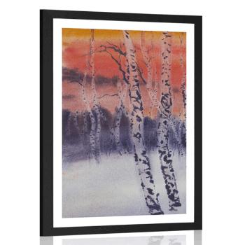 Plakat z passe-partout brzozowy gaj o zachodzie słońca - 40x60 silver