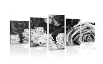 5-częściowy obraz bukiet róż w stylu retro w czarnobiałym kolorze - 100x50