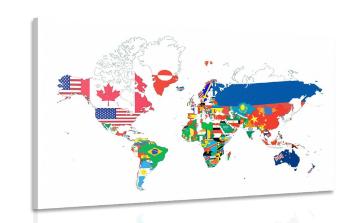 Obraz mapa świata z flagami z białym tłem - 90x60