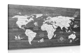 Obraz czarno-biała mapa na drewnie - 90x60