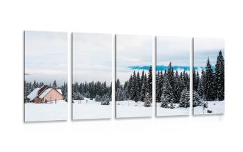 5-częściowy obraz drewniany domek w zaśnieżonej krainie - 100x50