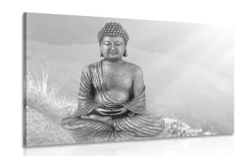 Obraz posąg Buddy w pozycji medytacyjnej w wersji czarno-białej - 90x60