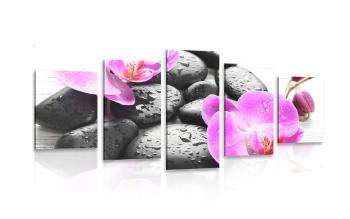 5-częściowy obraz piękna gra kamieni i orchidei