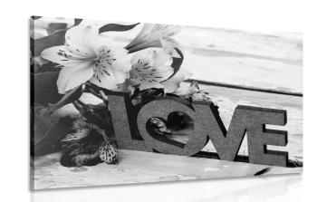 Obraz z drewnianym napisem Love w wersji czarno-białej - 60x40