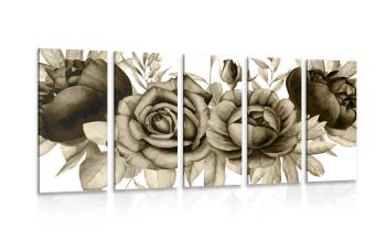 5-częściowy obraz czarująca kombinacja kwiatów i liści w kolorze sepii