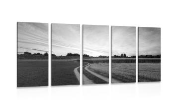 5-częściowy obraz zachodzące słońce nad krajobrazem w wersji czarno-białej - 200x100