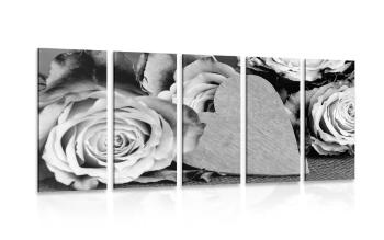 5-częściowy obraz róże walentynkowe w wersji czarno-białej - 200x100