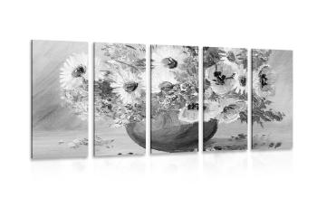 5-częściowy obraz olejny przedstawiający letnie kwiaty w wersji czarno-białej