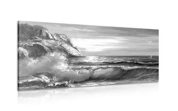 Obraz fale morskie na wybrzeżu w wersji czarno-białej