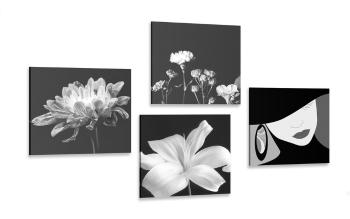 Zestaw obrazów elegancja kobiet i kwiatów w wersji czarno-białej - 4x 40x40