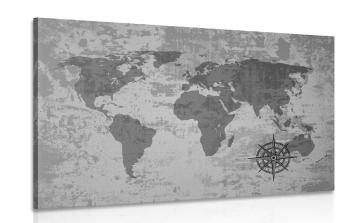 Obraz stara mapa świata z kompasem w wersji czarno-białej - 90x60