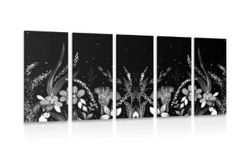 5-częściowy obraz z ornamentem kwiatowym w wersji czarno-białej