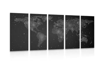 5-częściowy obraz mapa świata z nocnym niebem w wersji czarno-białej - 100x50