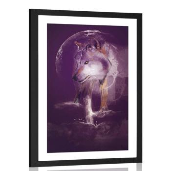 Plakat passepartout wilk w świetle księżyca - 30x45 white