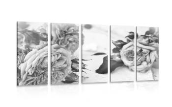 5-częściowy obraz kwitnące róże w wersji czarno-białej - 100x50