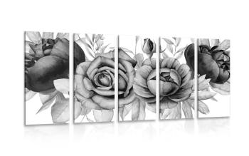 5-częściowy obraz czarująca kombinacja kwiatów i liści w czarnobiałym kolorze - 100x50