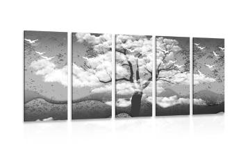 5-częściowy obraz czarno-białe drzewo pokryte chmurami - 200x100
