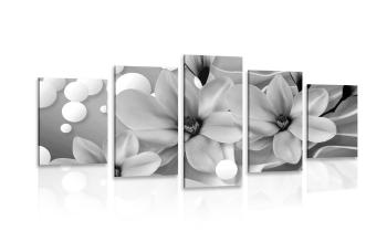 5-częściowy obraz czarna i biała magnolia na abstrakcyjnym tle - 100x50