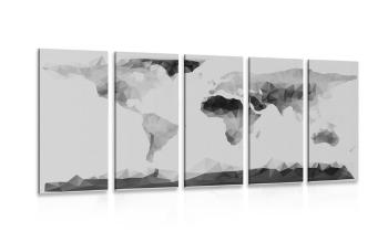 5-częściowy obraz mapa świata w w stylu wielokątów w wersji czarno-białej