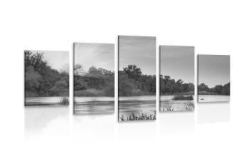 5-częściowy obraz wschód słońca nad rzeką w wersji czarno-białej - 200x100