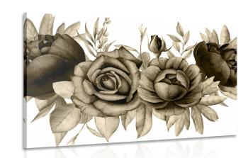 Obraz urocze połączenie kwiatów i liści w sepii - 90x60