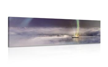 Obraz zorzy polarnej i łodzi na zamarzniętym jeziorze - 135x45